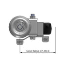 Side dimensioned CAD view of a Pemco Casters 4" x 1.25" wide wheel Swivel caster with 1/2"-13 x 1-1/2" stud, with a side locking brake, Polypropylene wheel and 300 lb. capacity part
