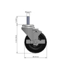 Front dimensioned CAD view of a Pemco Casters 4" x 1.25" wide wheel Swivel caster with 1/2"-13 x 1-1/2" stud, with a side locking brake, Polypropylene wheel and 300 lb. capacity part