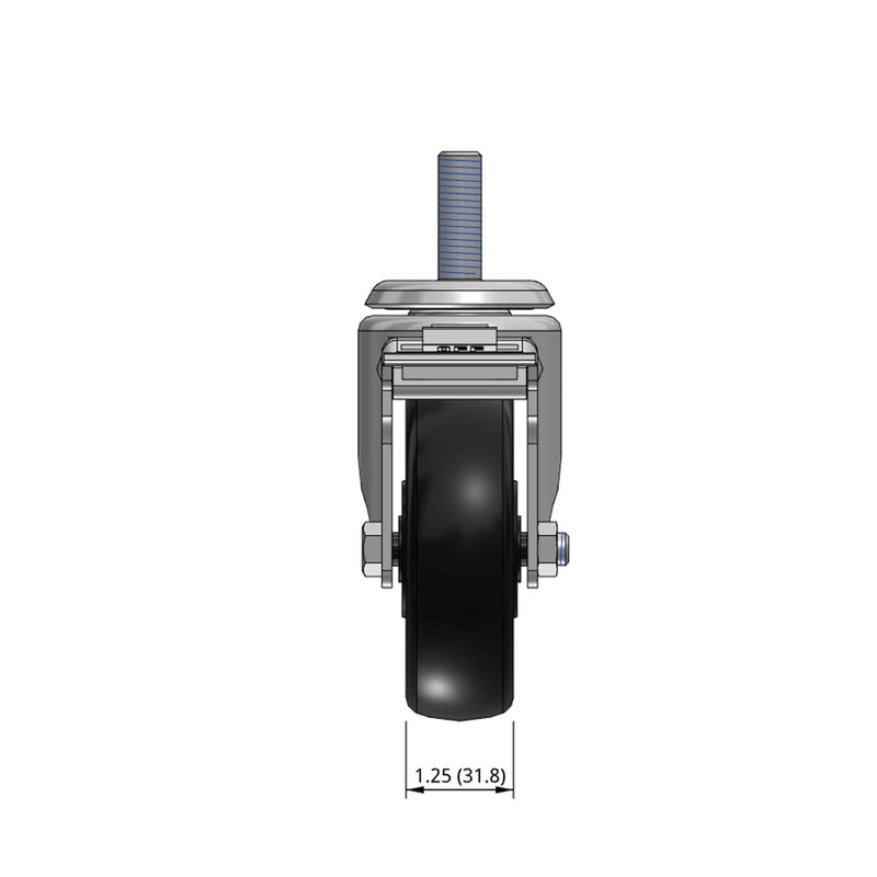 Top dimensioned CAD view of a Pemco Casters 4" x 1.25" wide wheel Swivel caster with 1/2"-13 x 1-1/2" stud, with a top total locking brake, Polypropylene wheel and 300 lb. capacity part