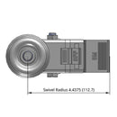 Side dimensioned CAD view of a Pemco Casters 4" x 1.25" wide wheel Swivel caster with 1/2"-13 x 1-1/2" stud, with a top total locking brake, Polypropylene wheel and 300 lb. capacity part