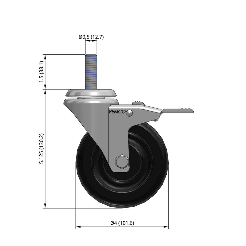Front dimensioned CAD view of a Pemco Casters 4" x 1.25" wide wheel Swivel caster with 1/2"-13 x 1-1/2" stud, with a top total locking brake, Polypropylene wheel and 300 lb. capacity part