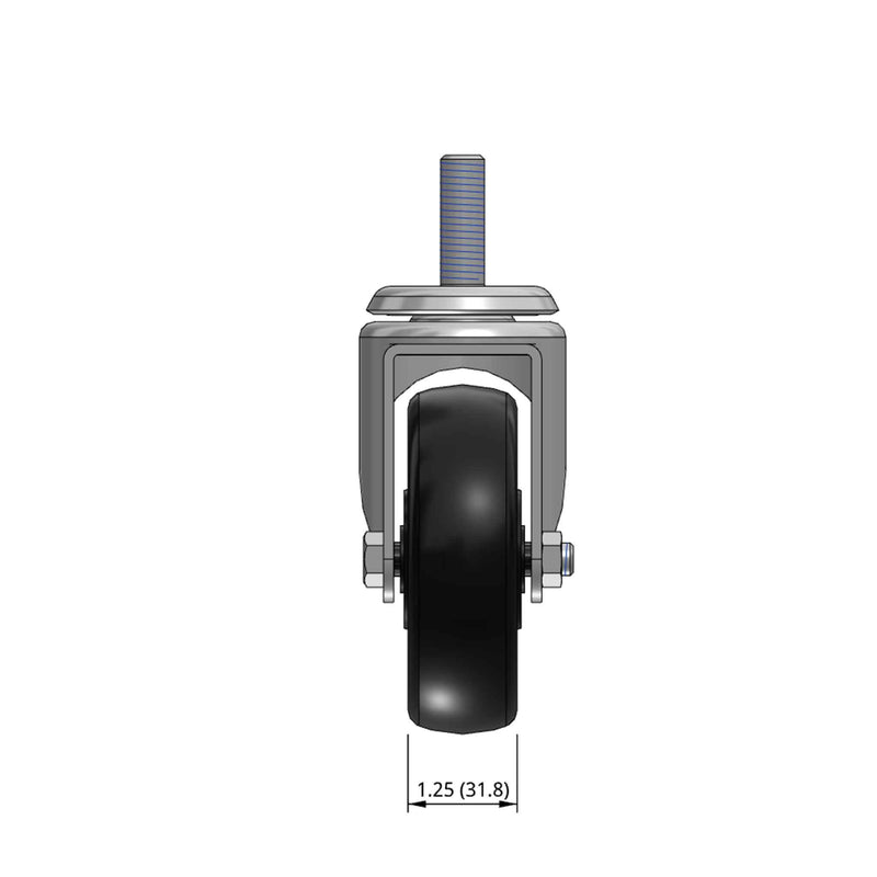 Top dimensioned CAD view of a Pemco Casters 4" x 1.25" wide wheel Swivel caster with 1/2"-13 x 1-1/2" stud, without a brake, Polypropylene wheel and 300 lb. capacity part