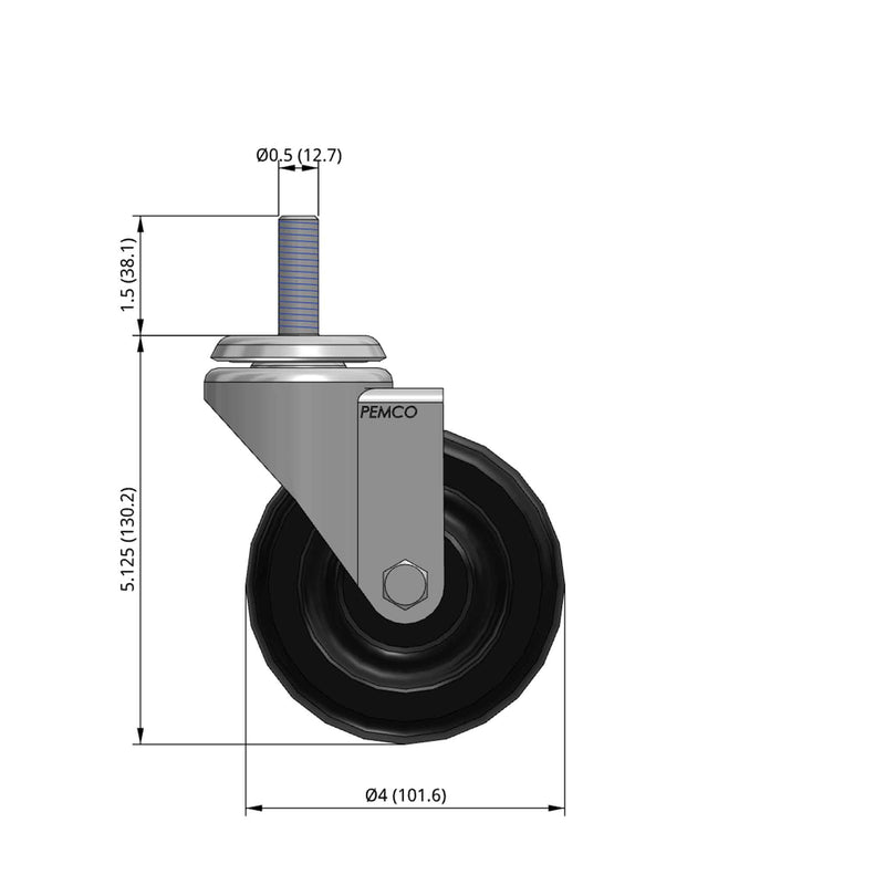 Front dimensioned CAD view of a Pemco Casters 4" x 1.25" wide wheel Swivel caster with 1/2"-13 x 1-1/2" stud, without a brake, Polypropylene wheel and 300 lb. capacity part