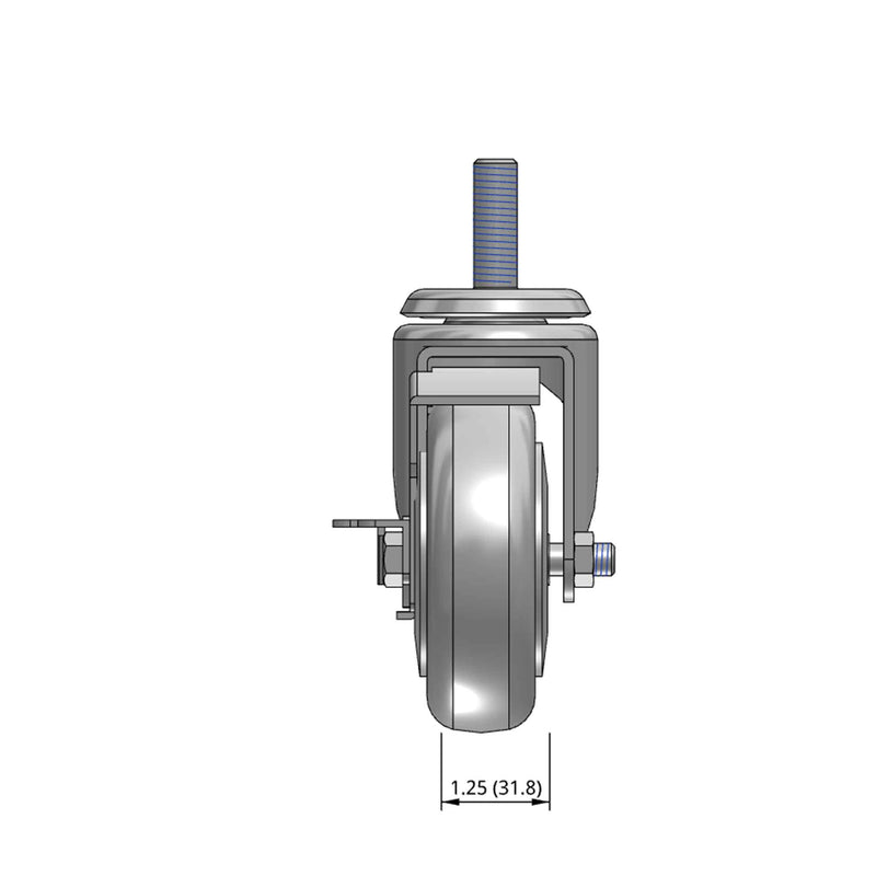 Top dimensioned CAD view of a Pemco Casters 4" x 1.25" wide wheel Swivel caster with 1/2"-13 x 1-1/2" stud, with a side locking brake, Thermoplastic Rubber wheel and 275 lb. capacity part