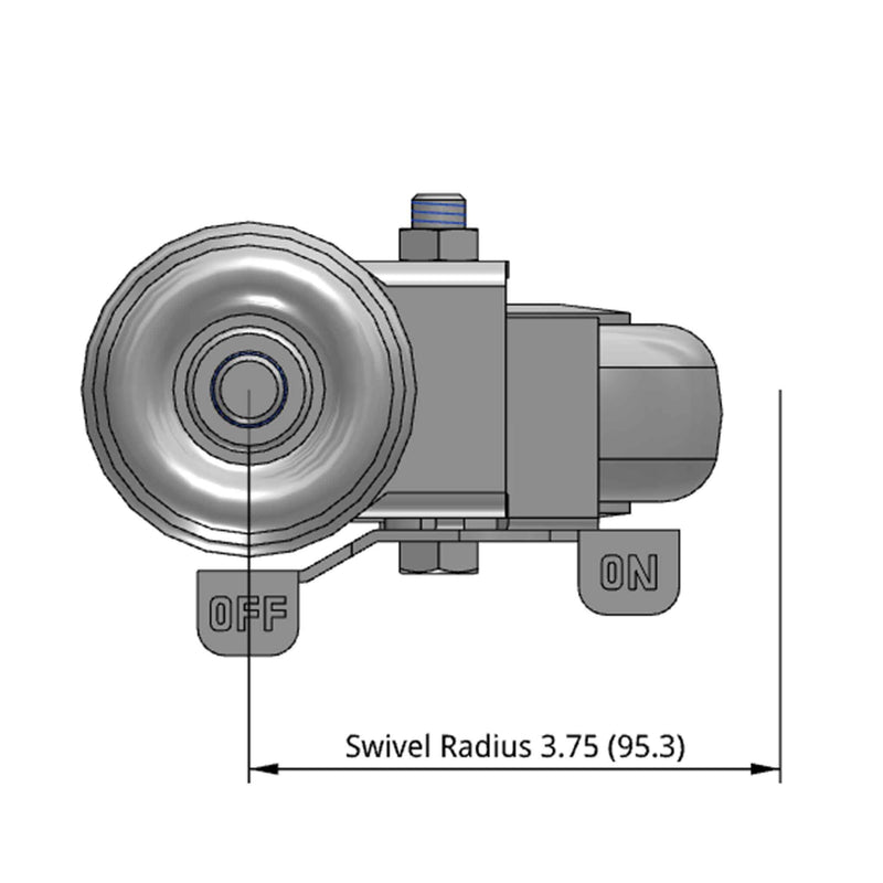 Side dimensioned CAD view of a Pemco Casters 4" x 1.25" wide wheel Swivel caster with 1/2"-13 x 1-1/2" stud, with a side locking brake, Thermoplastic Rubber wheel and 275 lb. capacity part