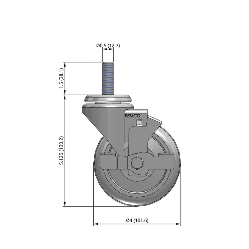 Front dimensioned CAD view of a Pemco Casters 4" x 1.25" wide wheel Swivel caster with 1/2"-13 x 1-1/2" stud, with a side locking brake, Thermoplastic Rubber wheel and 275 lb. capacity part
