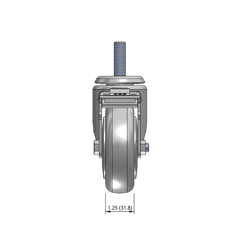 Top dimensioned CAD view of a Pemco Casters 4" x 1.25" wide wheel Swivel caster with 1/2"-13 x 1-1/2" stud, with a top total locking brake, Thermoplastic Rubber wheel and 275 lb. capacity part