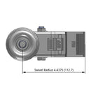 Side dimensioned CAD view of a Pemco Casters 4" x 1.25" wide wheel Swivel caster with 1/2"-13 x 1-1/2" stud, with a top total locking brake, Thermoplastic Rubber wheel and 275 lb. capacity part