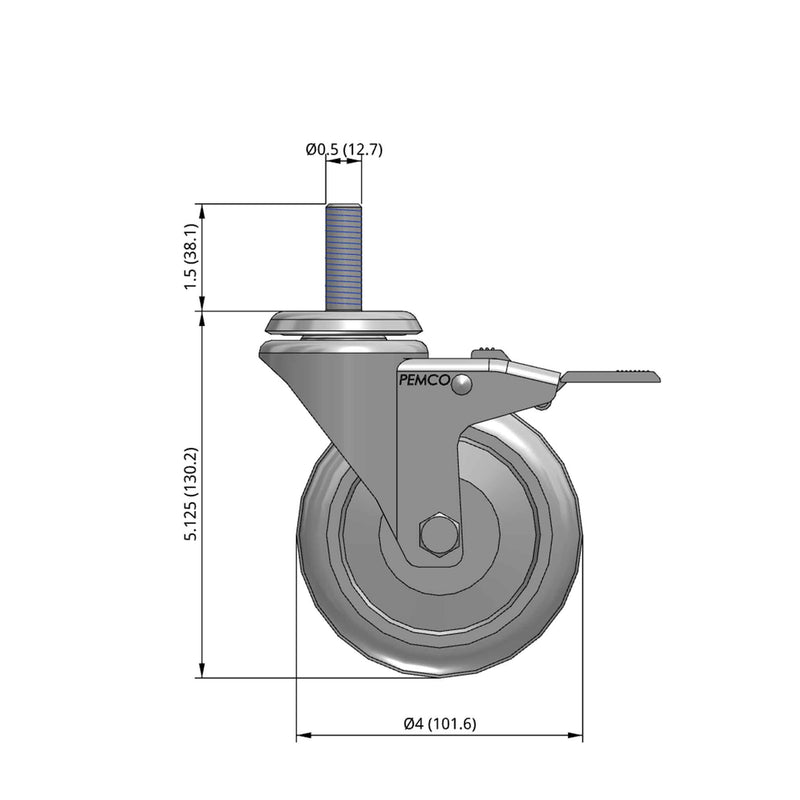 Front dimensioned CAD view of a Pemco Casters 4" x 1.25" wide wheel Swivel caster with 1/2"-13 x 1-1/2" stud, with a top total locking brake, Thermoplastic Rubber wheel and 275 lb. capacity part
