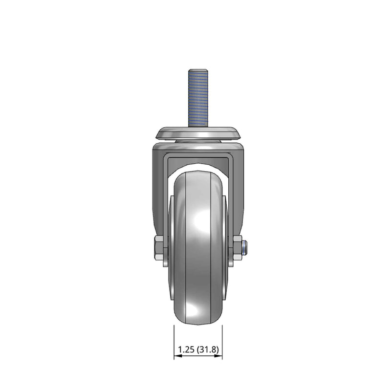 Top dimensioned CAD view of a Pemco Casters 4" x 1.25" wide wheel Swivel caster with 1/2"-13 x 1-1/2" stud, without a brake, Thermoplastic Rubber wheel and 275 lb. capacity part
