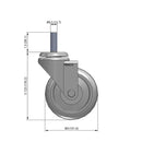 Front dimensioned CAD view of a Pemco Casters 4" x 1.25" wide wheel Swivel caster with 1/2"-13 x 1-1/2" stud, without a brake, Thermoplastic Rubber wheel and 275 lb. capacity part