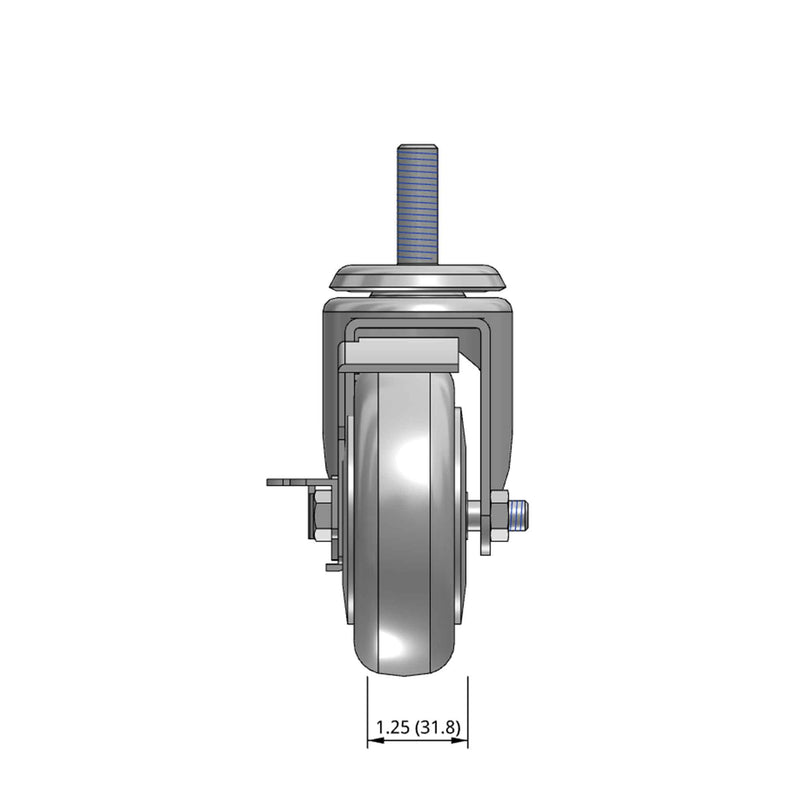 Top dimensioned CAD view of a Pemco Casters 4" x 1.25" wide wheel Swivel caster with 1/2"-13 x 1-1/2" stud, with a side locking brake, Thermo-Urethane wheel and 275 lb. capacity part