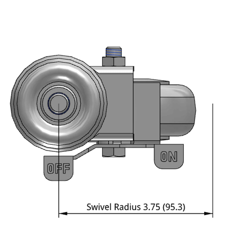 Side dimensioned CAD view of a Pemco Casters 4" x 1.25" wide wheel Swivel caster with 1/2"-13 x 1-1/2" stud, with a side locking brake, Thermo-Urethane wheel and 275 lb. capacity part