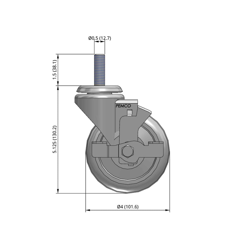 Front dimensioned CAD view of a Pemco Casters 4" x 1.25" wide wheel Swivel caster with 1/2"-13 x 1-1/2" stud, with a side locking brake, Thermo-Urethane wheel and 275 lb. capacity part