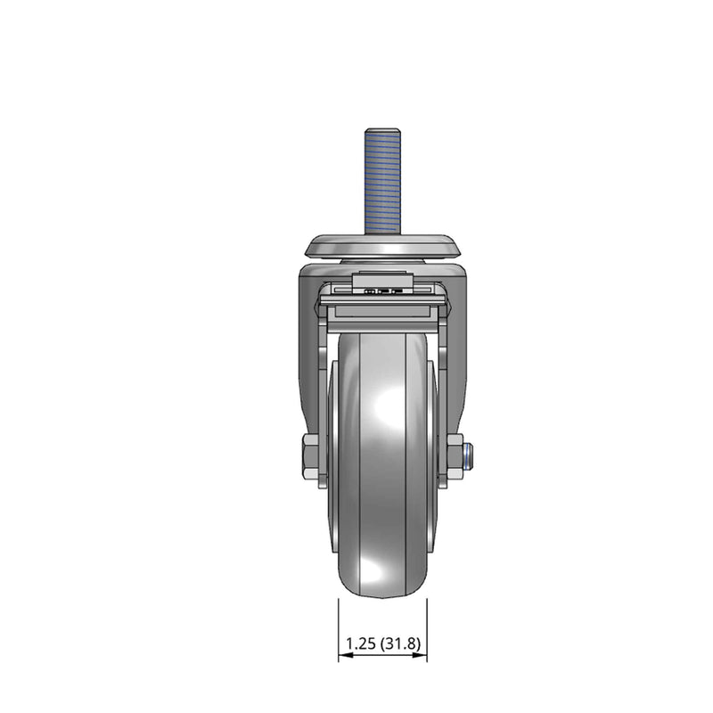Top dimensioned CAD view of a Pemco Casters 4" x 1.25" wide wheel Swivel caster with 1/2"-13 x 1-1/2" stud, with a top total locking brake, Thermo-Urethane wheel and 275 lb. capacity part