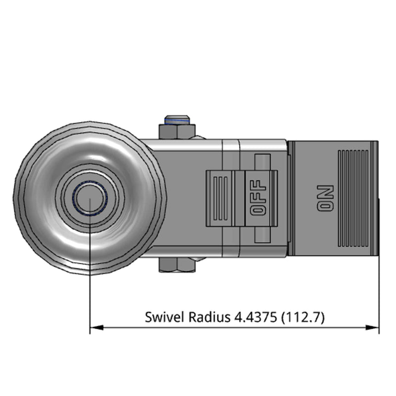 Side dimensioned CAD view of a Pemco Casters 4" x 1.25" wide wheel Swivel caster with 1/2"-13 x 1-1/2" stud, with a top total locking brake, Thermo-Urethane wheel and 275 lb. capacity part