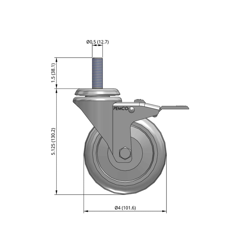 Front dimensioned CAD view of a Pemco Casters 4" x 1.25" wide wheel Swivel caster with 1/2"-13 x 1-1/2" stud, with a top total locking brake, Thermo-Urethane wheel and 275 lb. capacity part