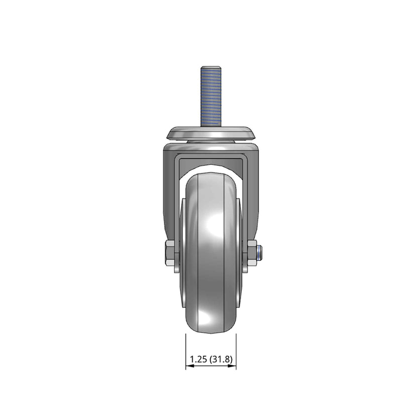 Top dimensioned CAD view of a Pemco Casters 4" x 1.25" wide wheel Swivel caster with 1/2"-13 x 1-1/2" stud, without a brake, Thermo-Urethane wheel and 275 lb. capacity part
