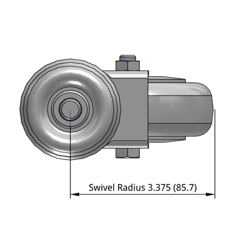 Side dimensioned CAD view of a Pemco Casters 4" x 1.25" wide wheel Swivel caster with 1/2"-13 x 1-1/2" stud, without a brake, Thermo-Urethane wheel and 275 lb. capacity part