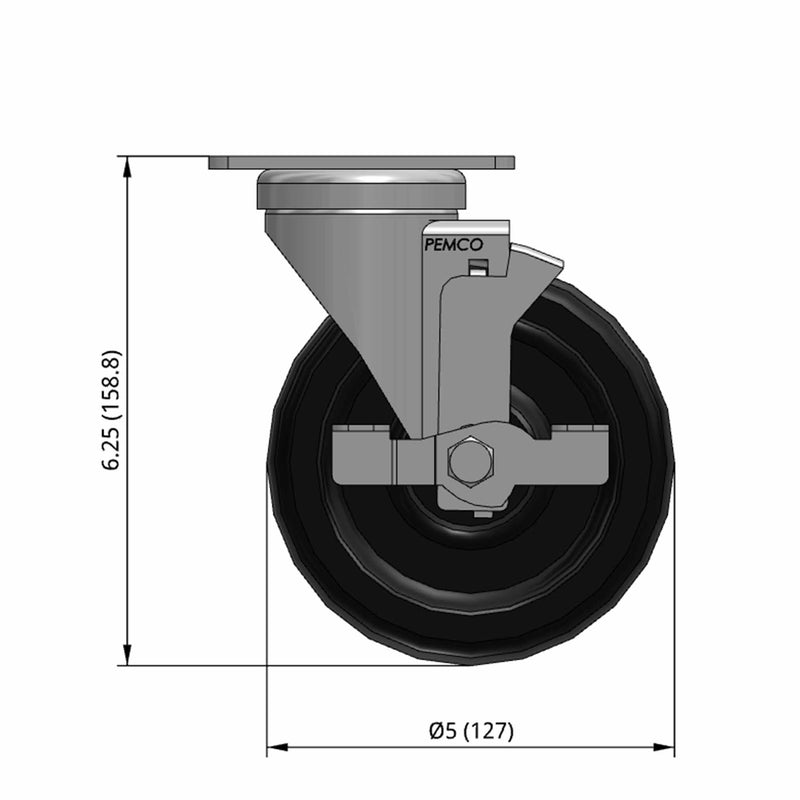 5"x1.25" Polyolefin Wheel Standard Plate Side Locking Caster
