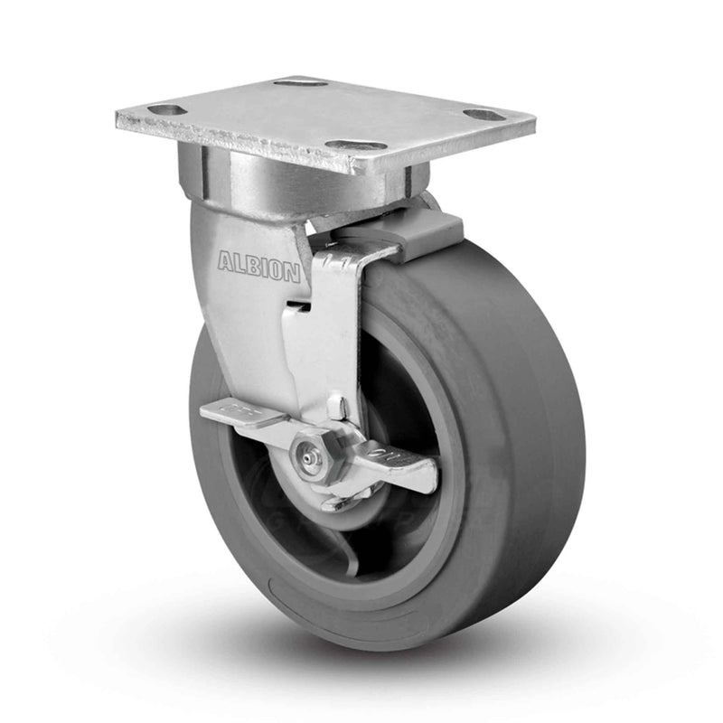 Main view of an Albion Casters 6" x 2" wide wheel Swivel caster with 4" x 4-1/2" top plate, with a side locking brake, XS - X-tra Soft Rubber (Flat) wheel and 600 lb. capacity part