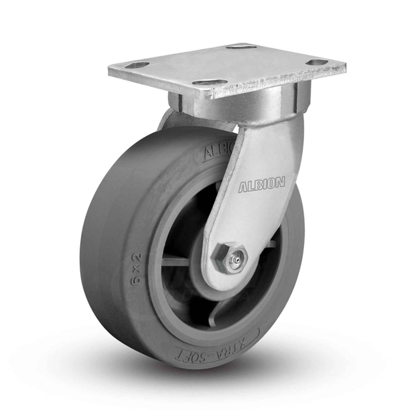 Main view of an Albion Casters 8" x 2" wide wheel Swivel caster with 4" x 4-1/2" top plate, without a brake, XS - X-tra Soft Rubber (Flat) wheel and 675 lb. capacity part