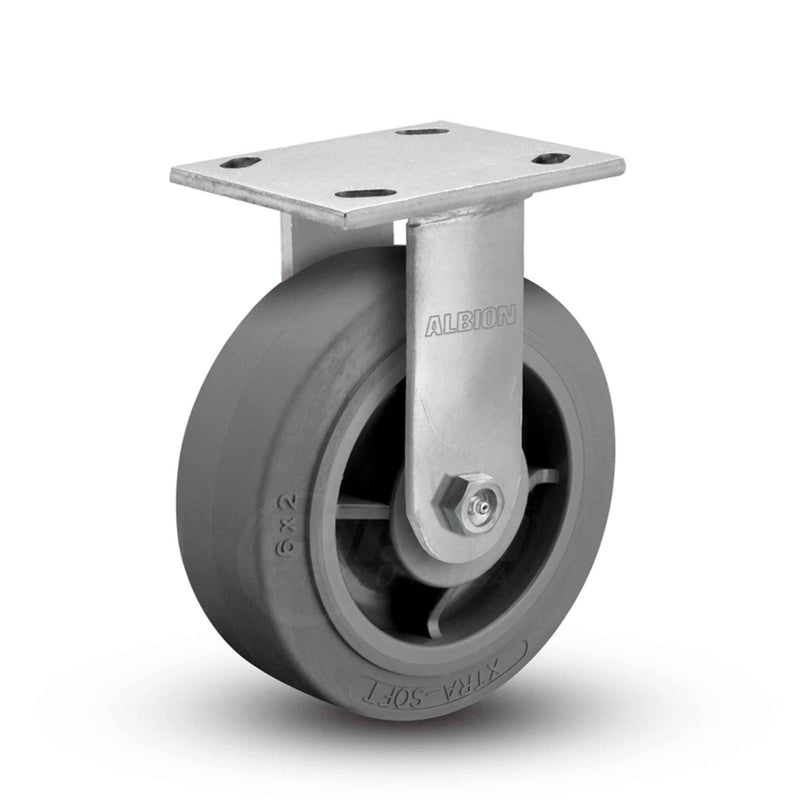 Main view of an Albion Casters 4" x 2" wide wheel Rigid caster with 4" x 4-1/2" top plate, without a brake, XS - X-tra Soft Rubber (Flat) wheel and 400 lb. capacity part