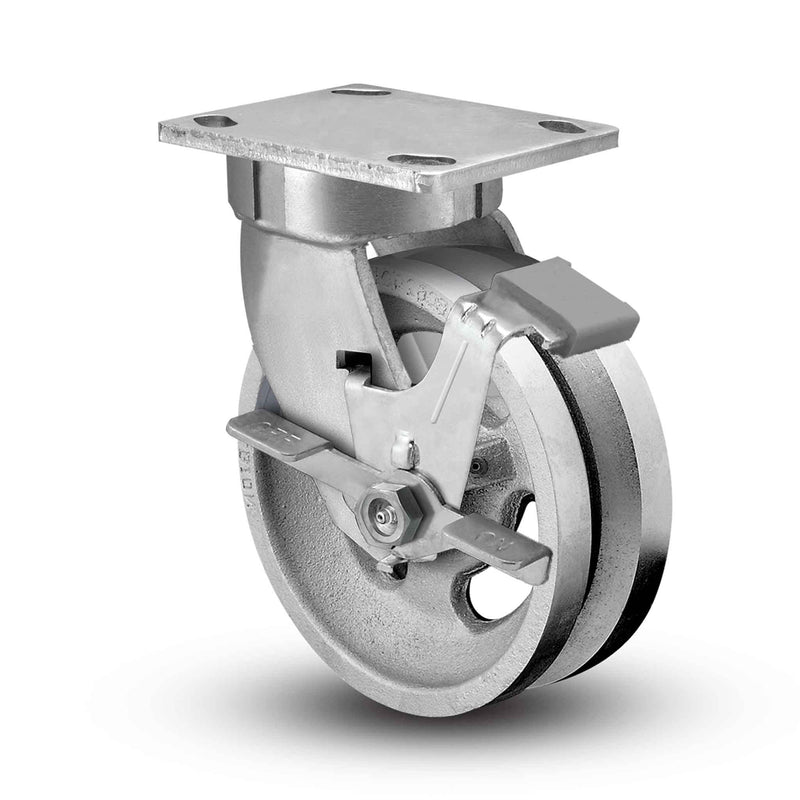 Main view of an Albion Casters 5" x 2" wide wheel Swivel caster with 4" x 4-1/2" top plate, with a side locking brake, VG - Cast Iron V-Groove wheel and 800 lb. capacity part