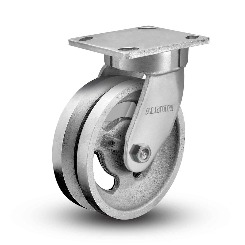 Main view of an Albion Casters 6" x 2" wide wheel Swivel caster with 4" x 4-1/2" top plate, without a brake, VG - Cast Iron V-Groove wheel and 1000 lb. capacity part
