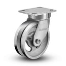 Main view of an Albion Casters 5" x 2" wide wheel Swivel caster with 4" x 4-1/2" top plate, without a brake, VG - Cast Iron V-Groove wheel and 800 lb. capacity part
