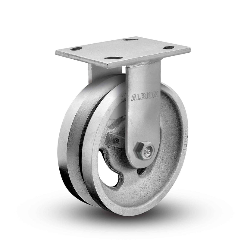 Main view of an Albion Casters 5" x 2" wide wheel Rigid caster with 4" x 4-1/2" top plate, without a brake, VG - Cast Iron V-Groove wheel and 800 lb. capacity part
