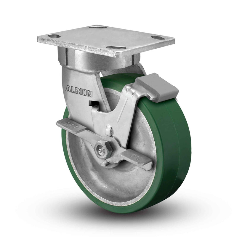 Main view of an Albion Casters 6" x 2" wide wheel Swivel caster with 4" x 4-1/2" top plate, with a side locking brake, PD - Polyurethane (Aluminum Core) wheel and 1230 lb. capacity part