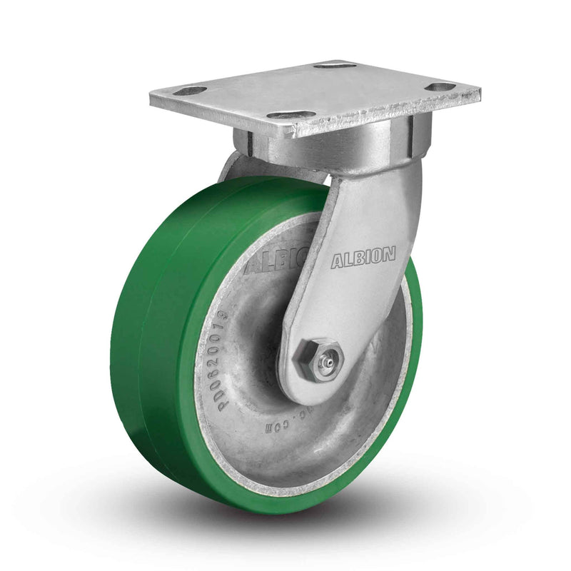 Main view of an Albion Casters 8" x 2" wide wheel Swivel caster with 4" x 4-1/2" top plate, without a brake, PD - Polyurethane (Aluminum Core) wheel and 1500 lb. capacity part