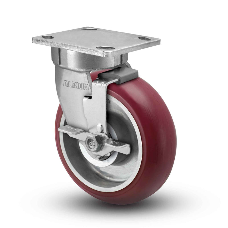 Main view of an Albion Casters 4" x 2" wide wheel Swivel caster with 4" x 4-1/2" top plate, with a side locking brake, AX - Round Polyurethane (Aluminum Core) wheel and 700 lb. capacity part