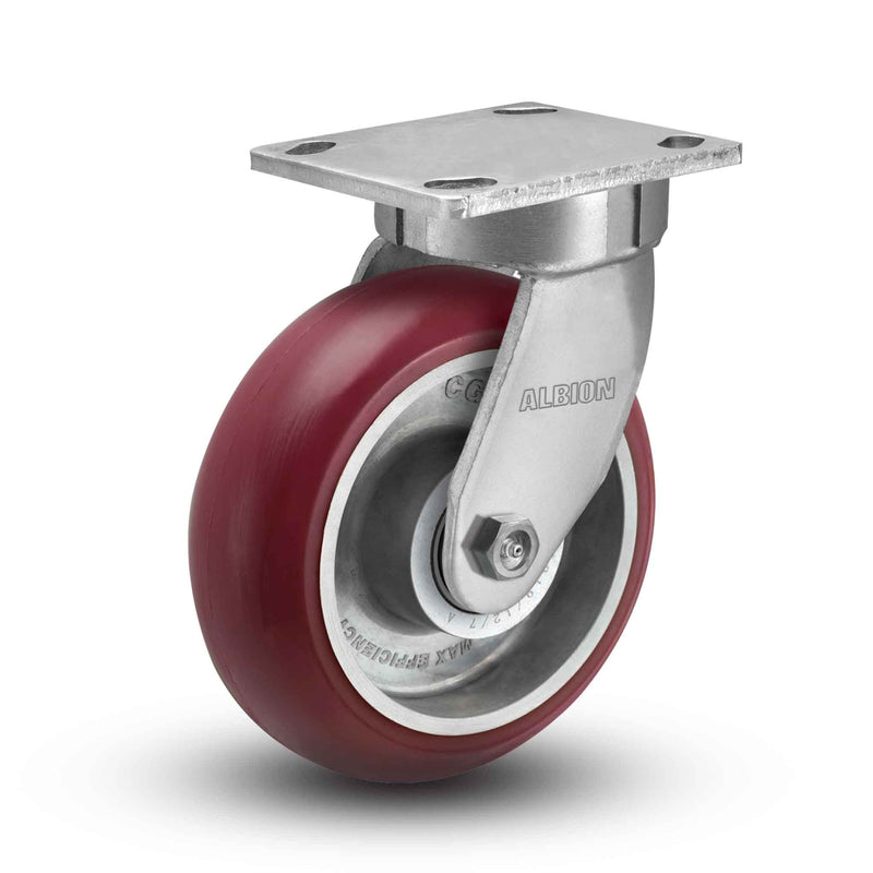 Main view of an Albion Casters 4" x 2" wide wheel Swivel caster with 4" x 4-1/2" top plate, without a brake, AX - Round Polyurethane (Aluminum Core) wheel and 700 lb. capacity part