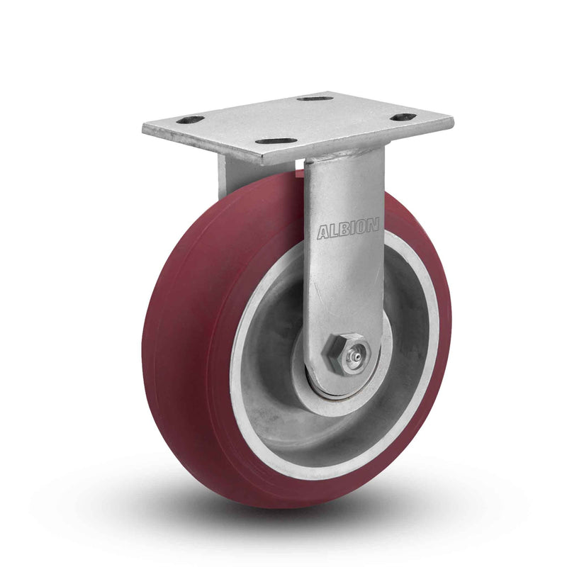 Main view of an Albion Casters 4" x 2" wide wheel Rigid caster with 4" x 4-1/2" top plate, without a brake, AX - Round Polyurethane (Aluminum Core) wheel and 700 lb. capacity part