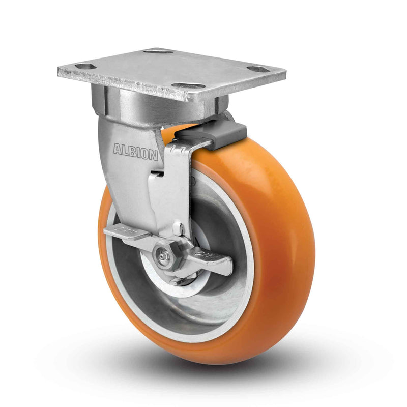 Main view of an Albion Casters 5" x 2" wide wheel Swivel caster with 4" x 4-1/2" top plate, with a side locking brake, AN - Round Polyurethane (Aluminum Core) wheel and 1000 lb. capacity part