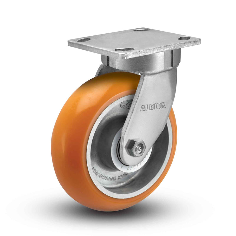 Main view of an Albion Casters 8" x 2" wide wheel Swivel caster with 4" x 4-1/2" top plate, without a brake, AN - Round Polyurethane (Aluminum Core) wheel and 1500 lb. capacity part