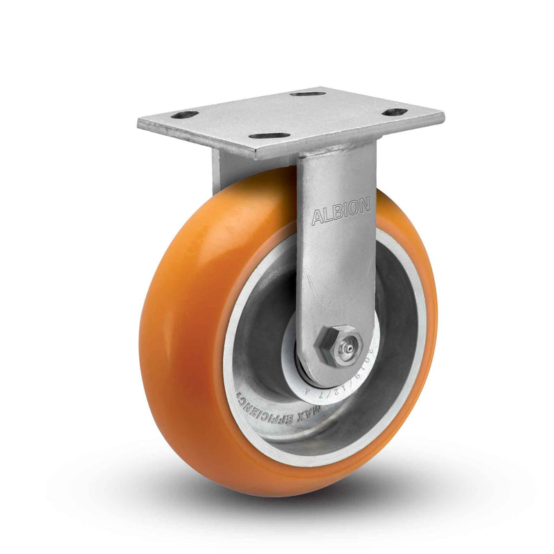 Main view of an Albion Casters 6" x 2" wide wheel Rigid caster with 4" x 4-1/2" top plate, without a brake, AN - Round Polyurethane (Aluminum Core) wheel and 1250 lb. capacity part