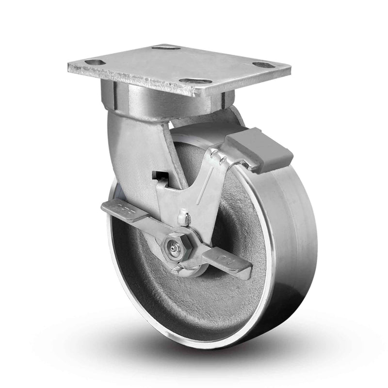 Main view of an Albion Casters 5" x 1.75" wide wheel Swivel caster with 4" x 4-1/2" top plate, with a side locking brake, FS - Drop-Forged Steel wheel and 1500 lb. capacity part