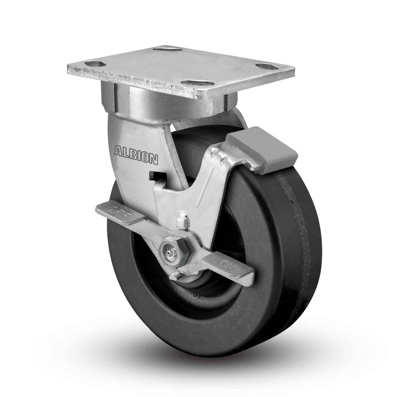 Main view of an Albion Casters 8" x 2" wide wheel Swivel caster with 4" x 4-1/2" top plate, with a side locking brake, TM - Phenolic wheel and 1400 lb. capacity part