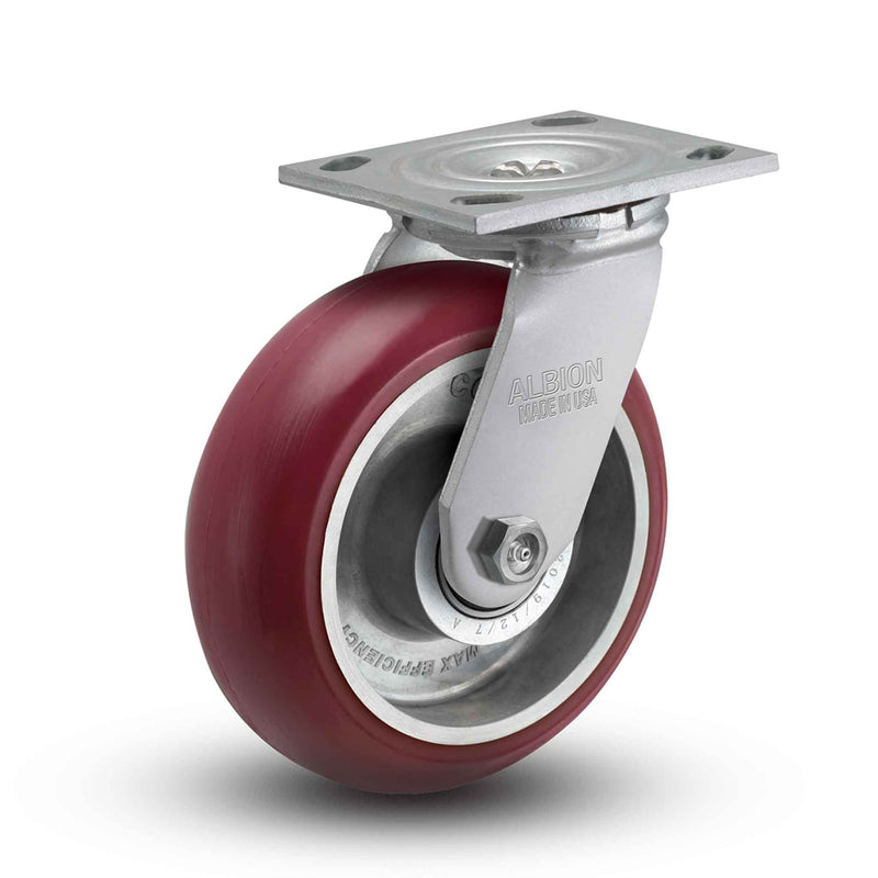 Main view of an Albion Casters 6" x 2" wide wheel Swivel caster with 4" x 4-1/2" top plate, without a brake, AX - Round Polyurethane (Aluminum Core) wheel and 1250 lb. capacity part
