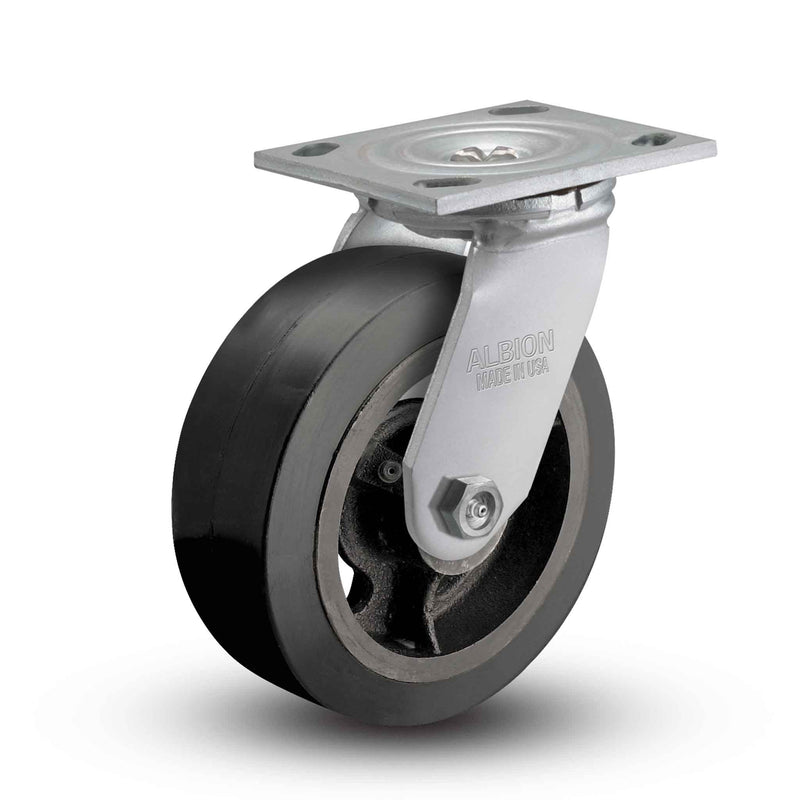 Main view of an Albion Casters 8" x 2" wide wheel Swivel caster with 4" x 4-1/2" top plate, without a brake, MR - Moldon Rubber (Cast Iron Core) wheel and 600 lb. capacity part
