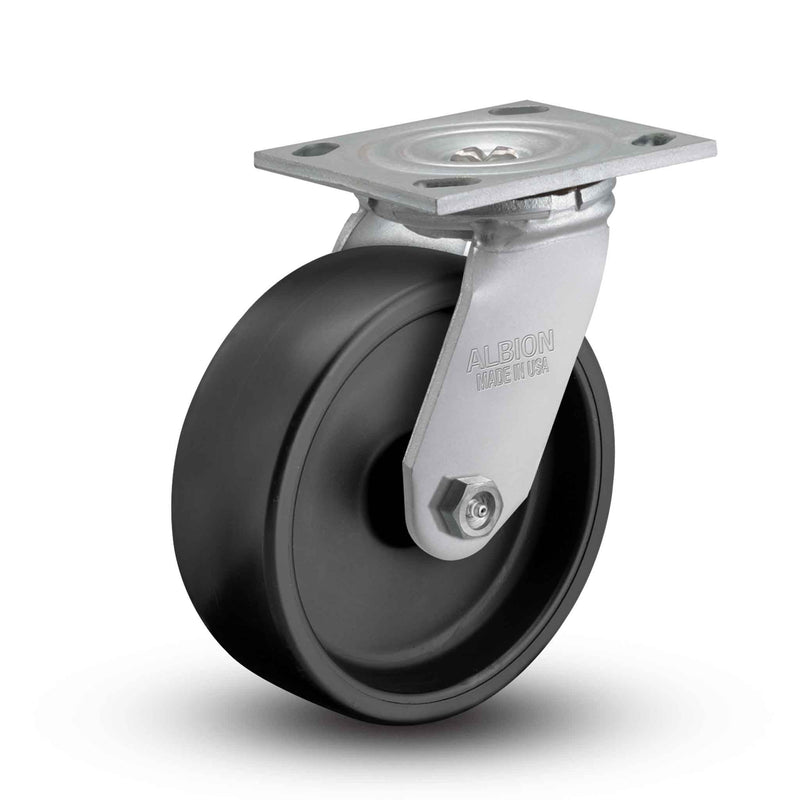 Main view of an Albion Casters 5" x 2" wide wheel Swivel caster with 4" x 4-1/2" top plate, without a brake, PB - Polypropylene (Black) wheel and 650 lb. capacity part