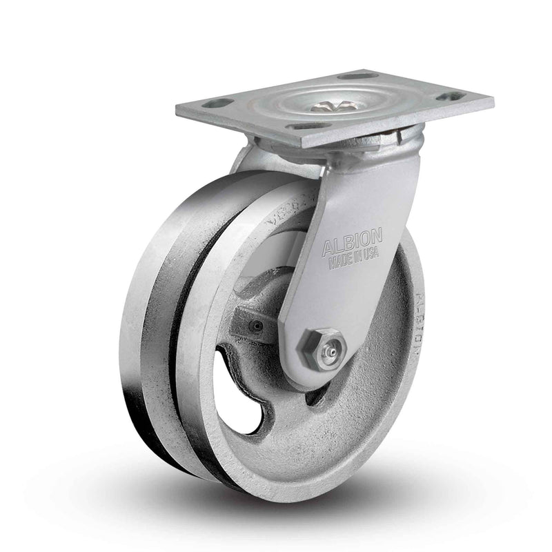 Main view of an Albion Casters 6" x 2" wide wheel Swivel caster with 4" x 4-1/2" top plate, without a brake, VG - Cast Iron V-Groove wheel and 1000 lb. capacity part