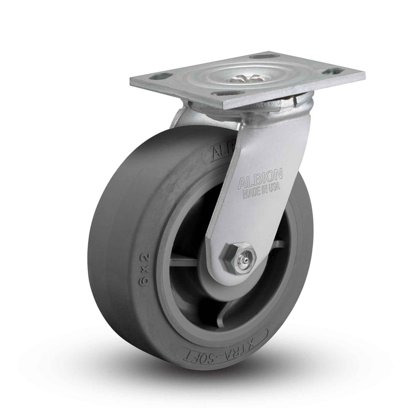 Main view of an Albion Casters 5" x 2" wide wheel Swivel caster with 4" x 4-1/2" top plate, without a brake, XS - X-tra Soft Rubber (Flat) wheel and 375 lb. capacity part