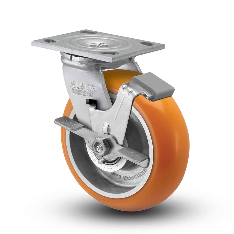 Main view of an Albion Casters 6" x 2" wide wheel Swivel caster with 4" x 4-1/2" top plate, with a side locking brake, AN - Round Polyurethane (Aluminum Core) wheel and 1250 lb. capacity part