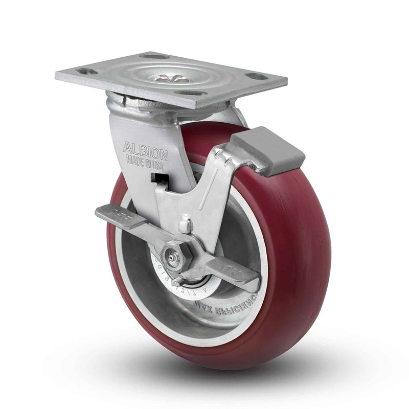 Main view of an Albion Casters 6" x 2" wide wheel Swivel caster with 4" x 4-1/2" top plate, with a side locking brake, AX - Round Polyurethane (Aluminum Core) wheel and 1250 lb. capacity part