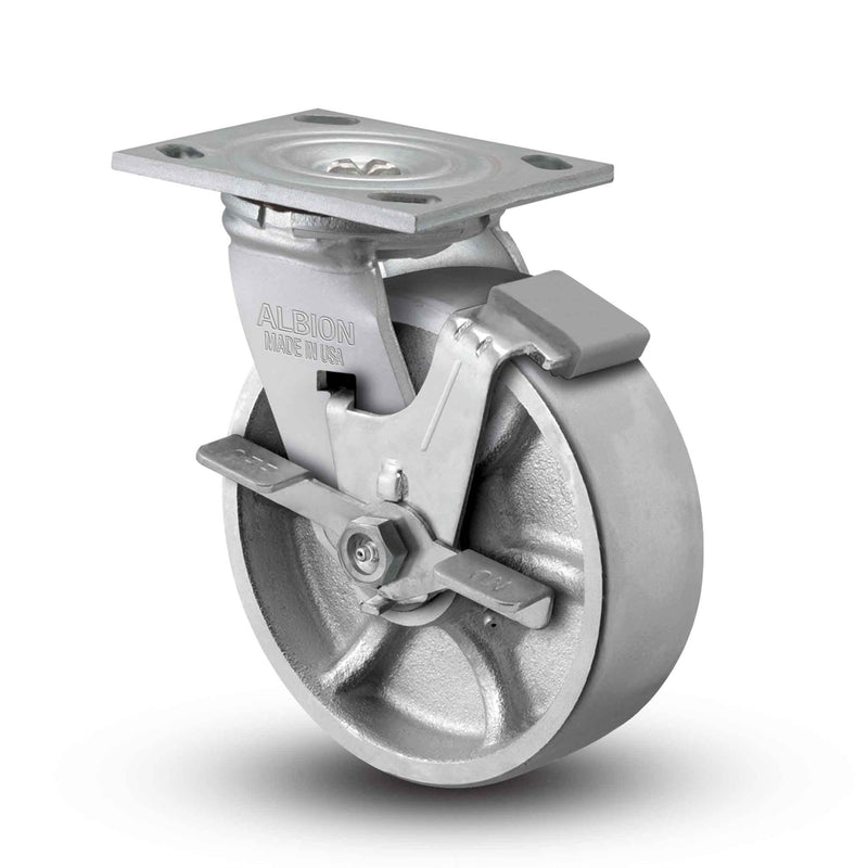 Main view of an Albion Casters 6" x 2" wide wheel Swivel caster with 4" x 4-1/2" top plate, with a side locking brake, CA - Cast Iron wheel and 1200 lb. capacity part
