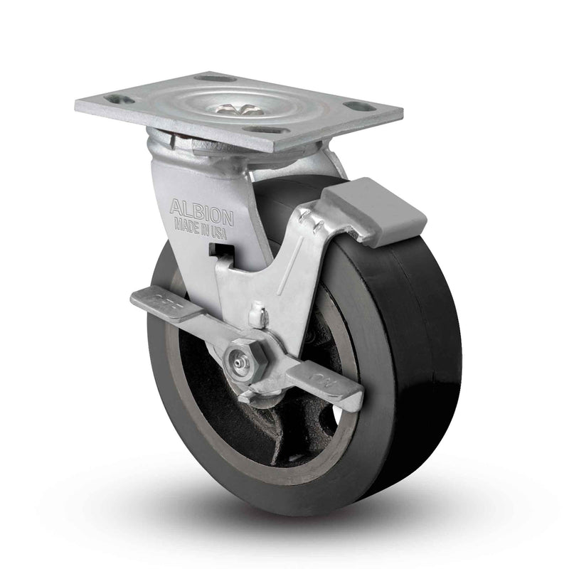 Main view of an Albion Casters 6" x 2" wide wheel Swivel caster with 4" x 4-1/2" top plate, with a side locking brake, MR - Moldon Rubber (Cast Iron Core) wheel and 500 lb. capacity part